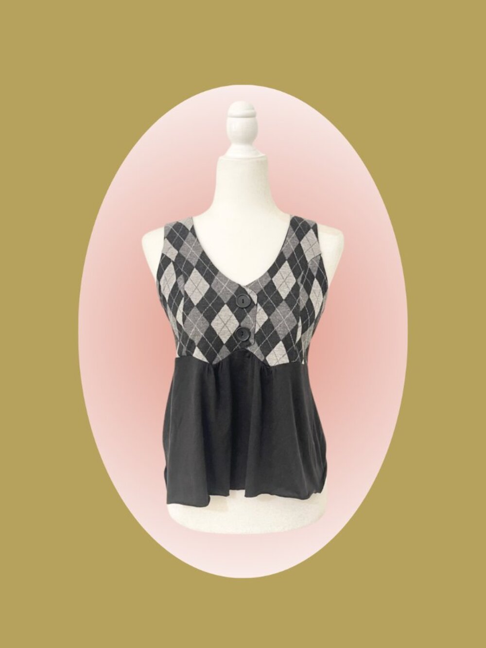 vintage rocker girl black gray argyle plaid vest button tank top